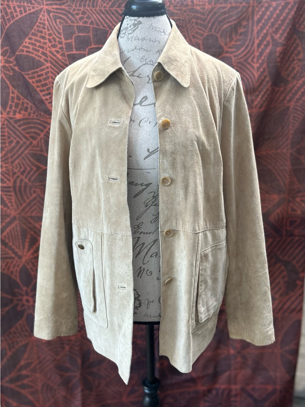 Suede Button-Up Jacket in Light Beige
